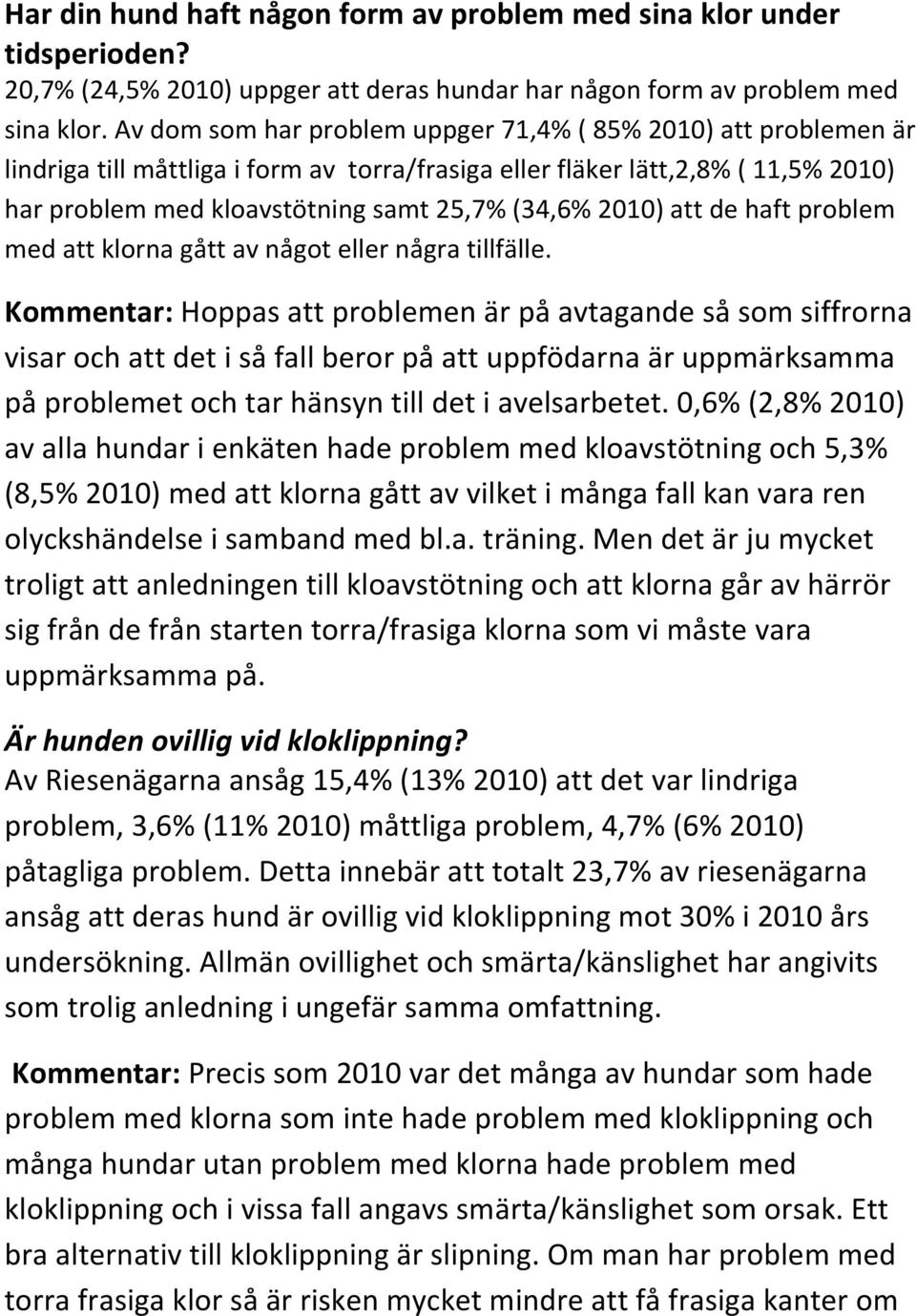 2010) att de haft problem med att klorna gått av något eller några tillfälle.