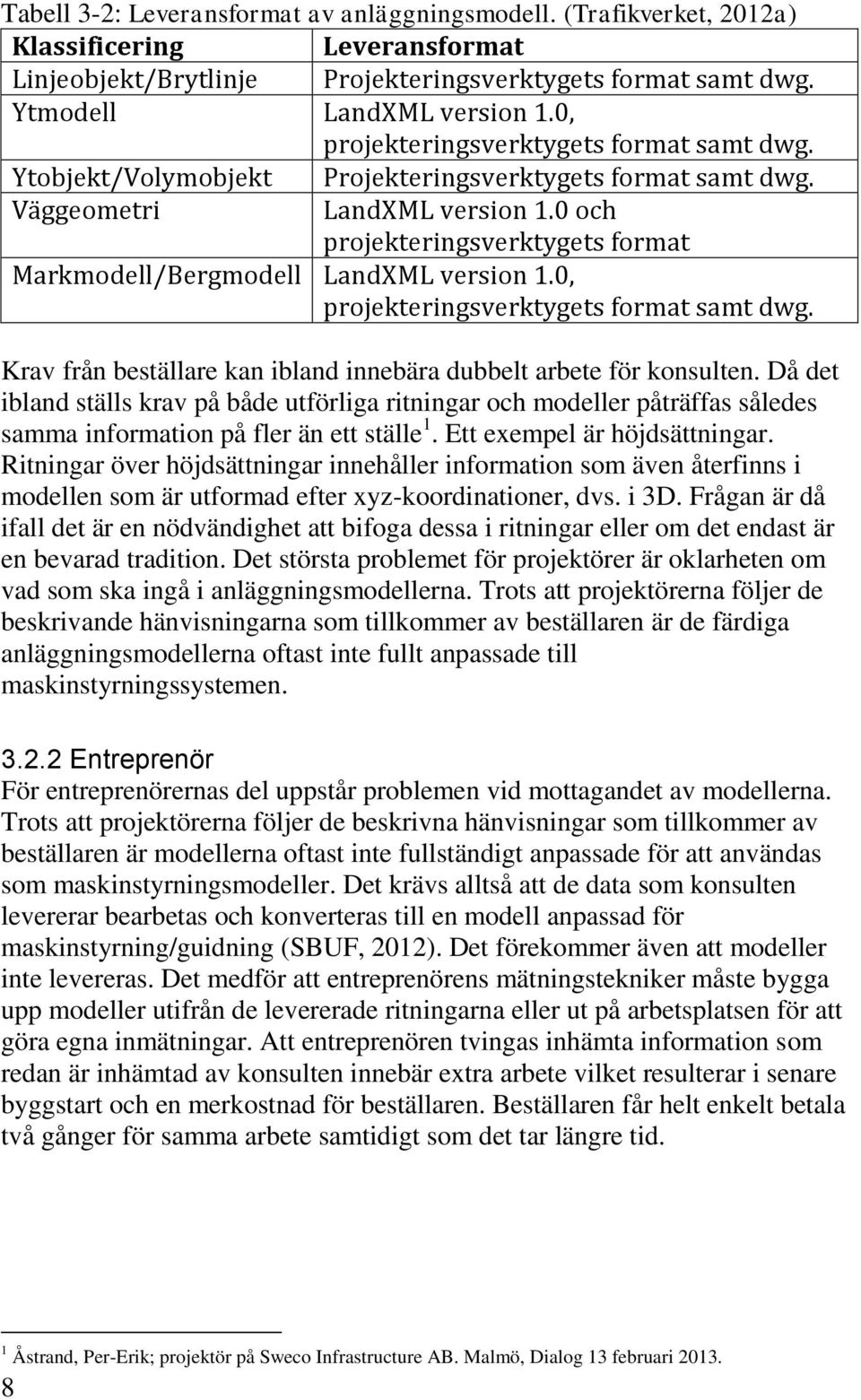 0 och projekteringsverktygets format Markmodell/Bergmodell LandXML version 1.0, projekteringsverktygets format samt dwg. Krav från beställare kan ibland innebära dubbelt arbete för konsulten.