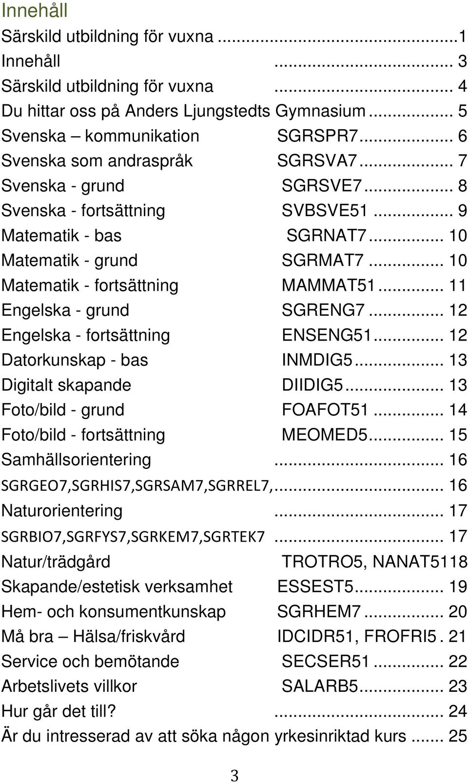 .. 10 Matematik - fortsättning MAMMAT51... 11 Engelska - grund SGRENG7... 12 Engelska - fortsättning ENSENG51... 12 Datorkunskap - bas INMDIG5... 13 Digitalt skapande DIIDIG5.