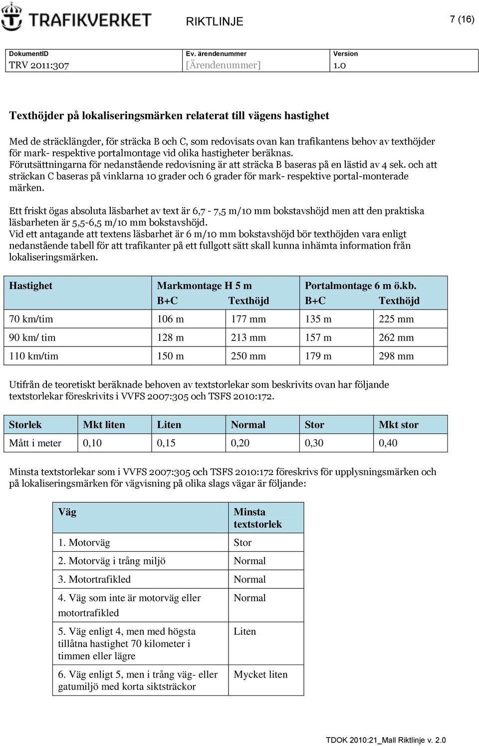 och att sträckan C baseras på vinklarna 10 grader och 6 grader för mark- respektive portal-monterade märken.