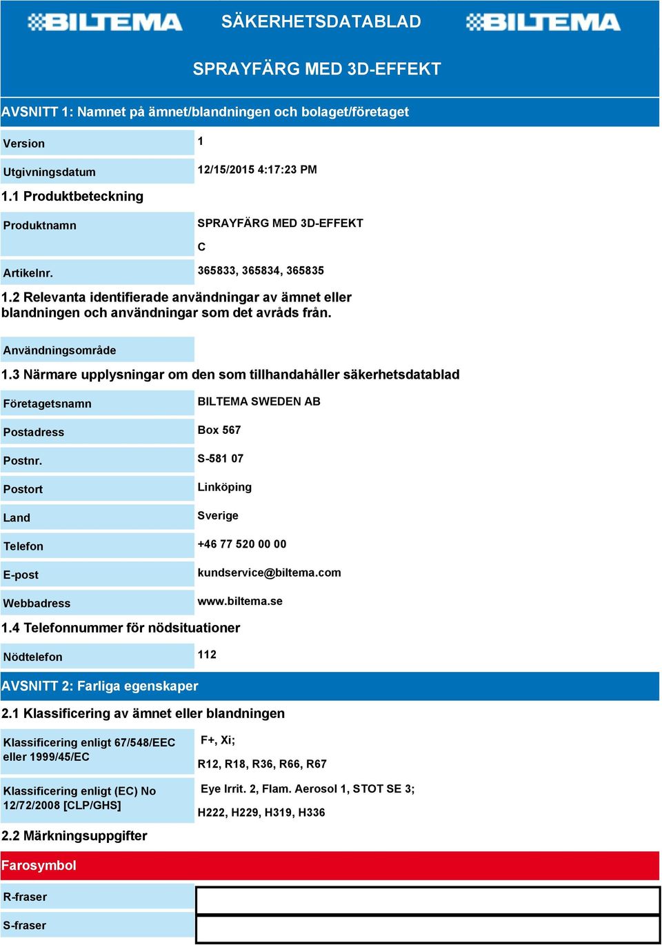 C Användningsområde 1.3 Närmare upplysningar om den som tillhandahåller säkerhetsdatablad Företagetsnamn BILTEMA SWEDEN AB Postadress Box 567 Postnr.