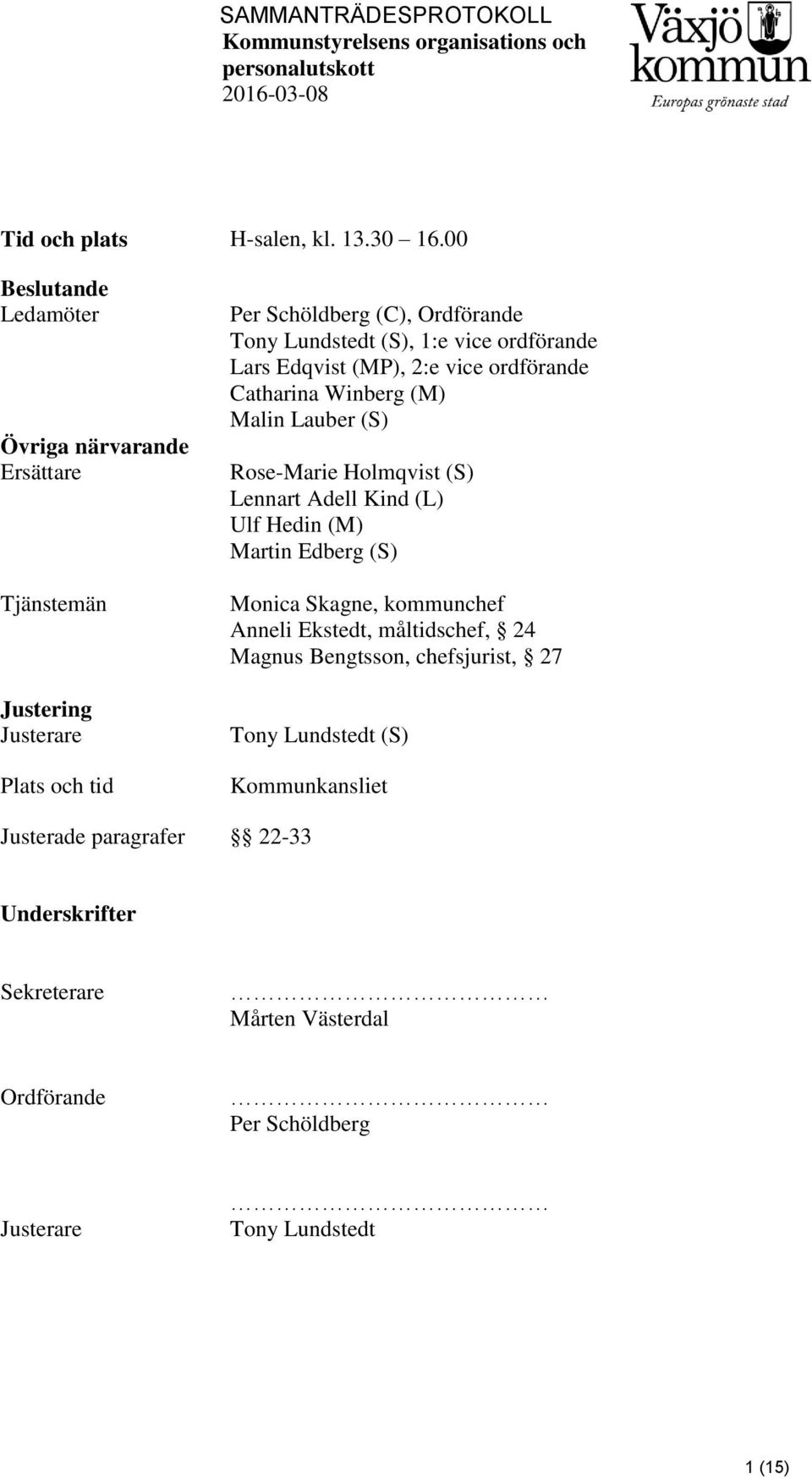 vice ordförande Lars Edqvist (MP), 2:e vice ordförande Catharina Winberg (M) Malin Lauber (S) Rose-Marie Holmqvist (S) Lennart Adell Kind (L) Ulf Hedin