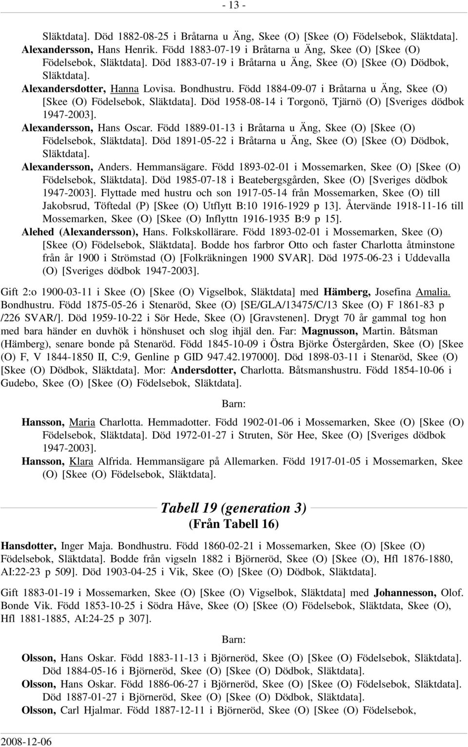 Född 1884-09-07 i Bråtarna u Äng, Skee (O) [Skee (O) Födelsebok, Död 1958-08-14 i Torgonö, Tjärnö (O) [Sveriges dödbok 1947-2003]. Alexandersson, Hans Oscar.