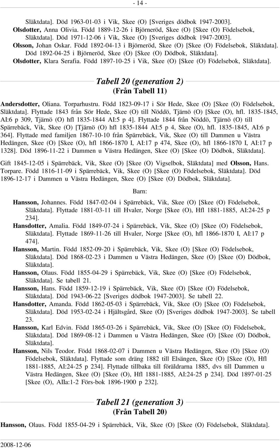 Född 1892-04-13 i Björneröd, Skee (O) [Skee (O) Födelsebok, Död 1892-04-25 i Björneröd, Skee (O) [Skee (O) Dödbok, Olsdotter, Klara Serafia.