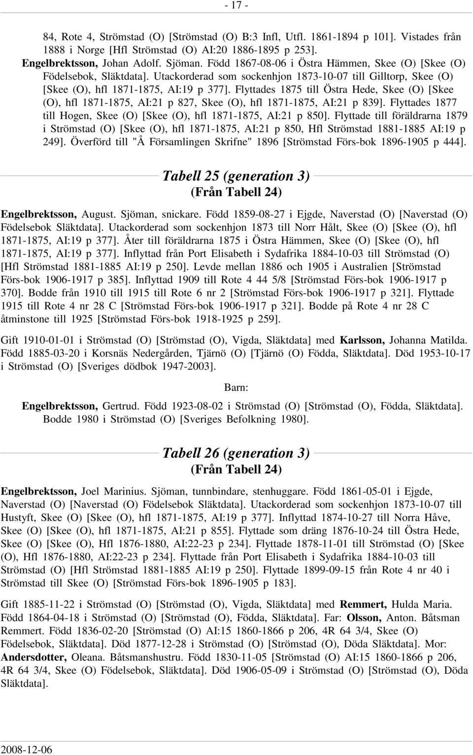 Flyttades 1875 till Östra Hede, Skee (O) [Skee (O), hfl 1871-1875, AI:21 p 827, Skee (O), hfl 1871-1875, AI:21 p 839]. Flyttades 1877 till Hogen, Skee (O) [Skee (O), hfl 1871-1875, AI:21 p 850].