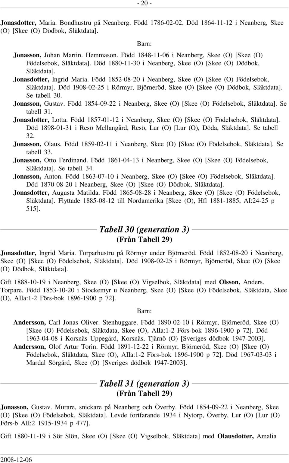 Född 1852-08-20 i Neanberg, Skee (O) [Skee (O) Födelsebok, Död 1908-02-25 i Rörmyr, Björneröd, Skee (O) [Skee (O) Dödbok, Se tabell 30. Jonasson, Gustav.