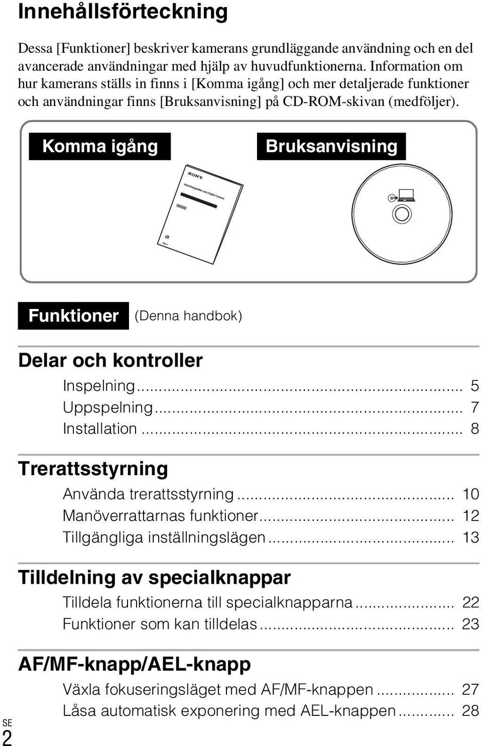 Komma igång Bruksanvisning Funktioner (Denna handbok) Delar och kontroller Inspelning... 5 Uppspelning... 7 Installation... 8 Trerattsstyrning Använda trerattsstyrning.