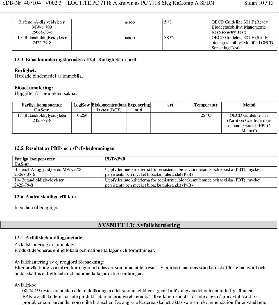 3. Bioackumuleringsförmåga / 12.4. Rörligheten i jord Rörlighet: Härdade bindemedel är immobila. Bioackumulering: Uppgifter för produkten saknas.