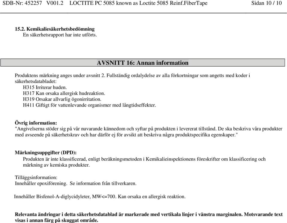 H317 Kan orsaka allergisk hudreaktion. H319 Orsakar allvarlig ögonirritation. H411 Giftigt för vattenlevande organismer med långtids.