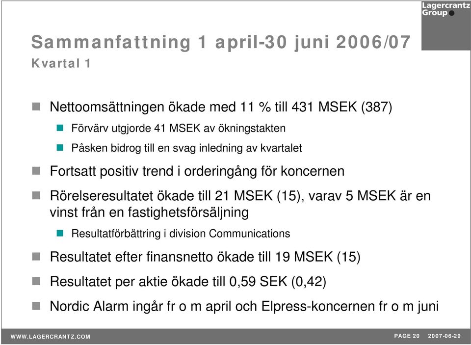 till 21 MSEK (15), varav 5 MSEK är en vinst från en fastighetsförsäljning Resultatförbättring i division Communications Resultatet efter