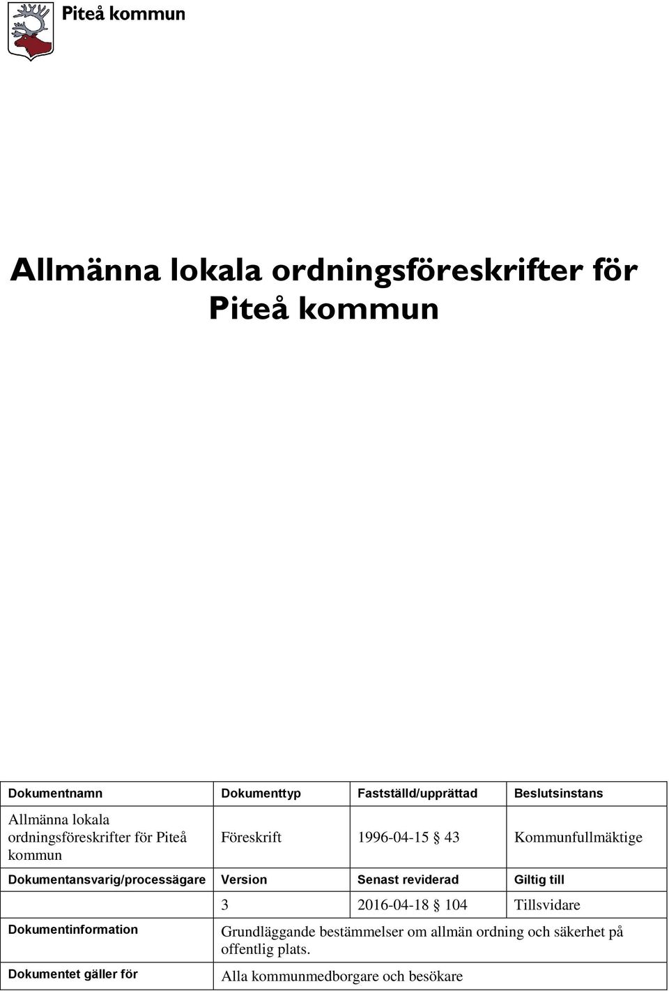 Dokumentansvarig/processägare Version Senast reviderad Giltig till Dokumentinformation Dokumentet gäller för 3