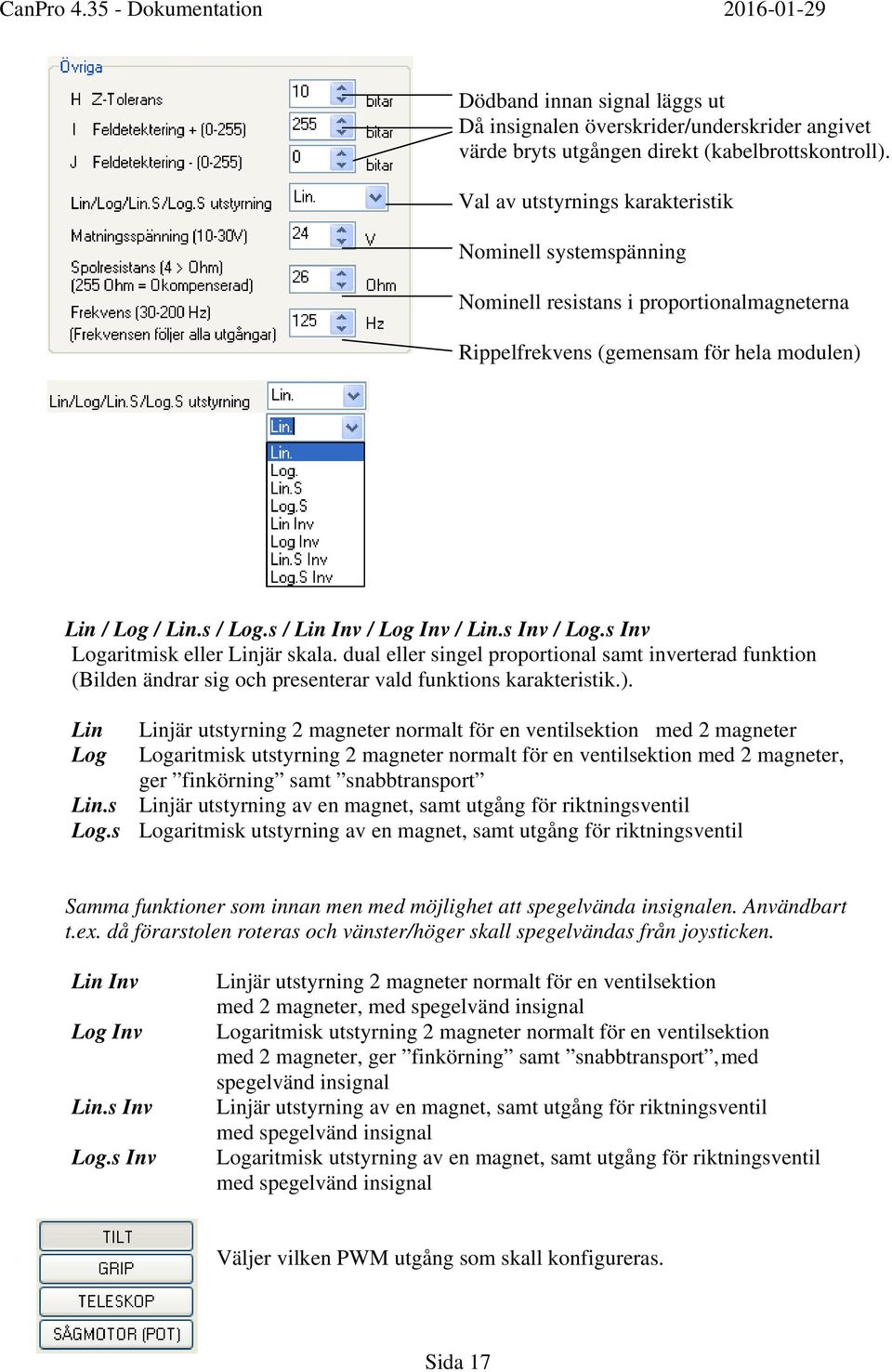 s Inv / Log.s Inv Logaritmisk eller Linjär skala. dual eller singel proportional samt inverterad funktion (Bilden ändrar sig och presenterar vald funktions karakteristik.).