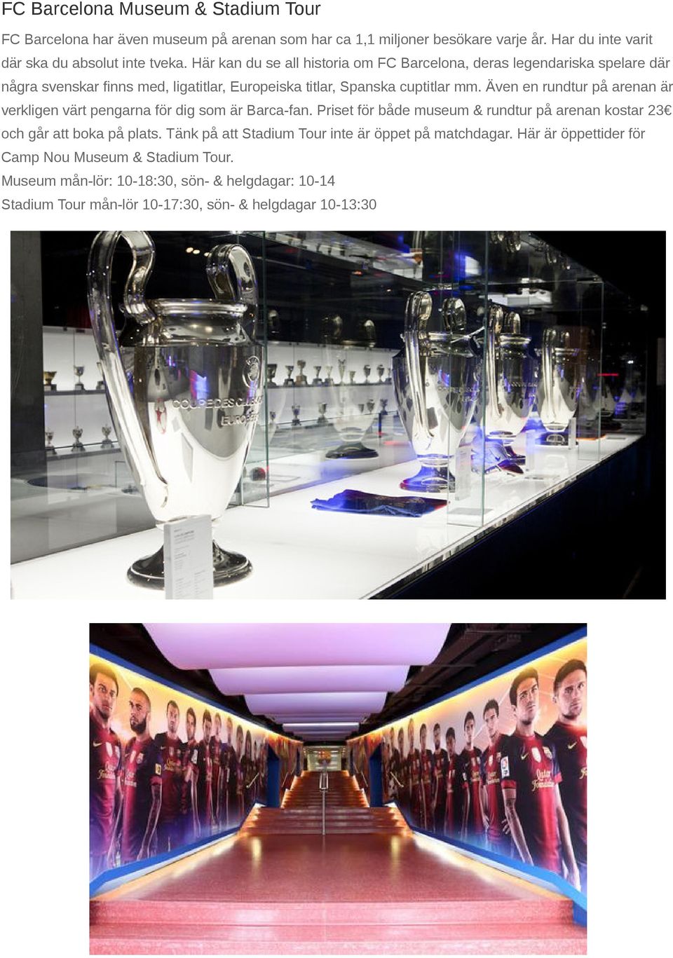 Även en rundtur på arenan är verkligen värt pengarna för dig som är Barca fan. Priset för både museum & rundtur på arenan kostar 23 och går att boka på plats.