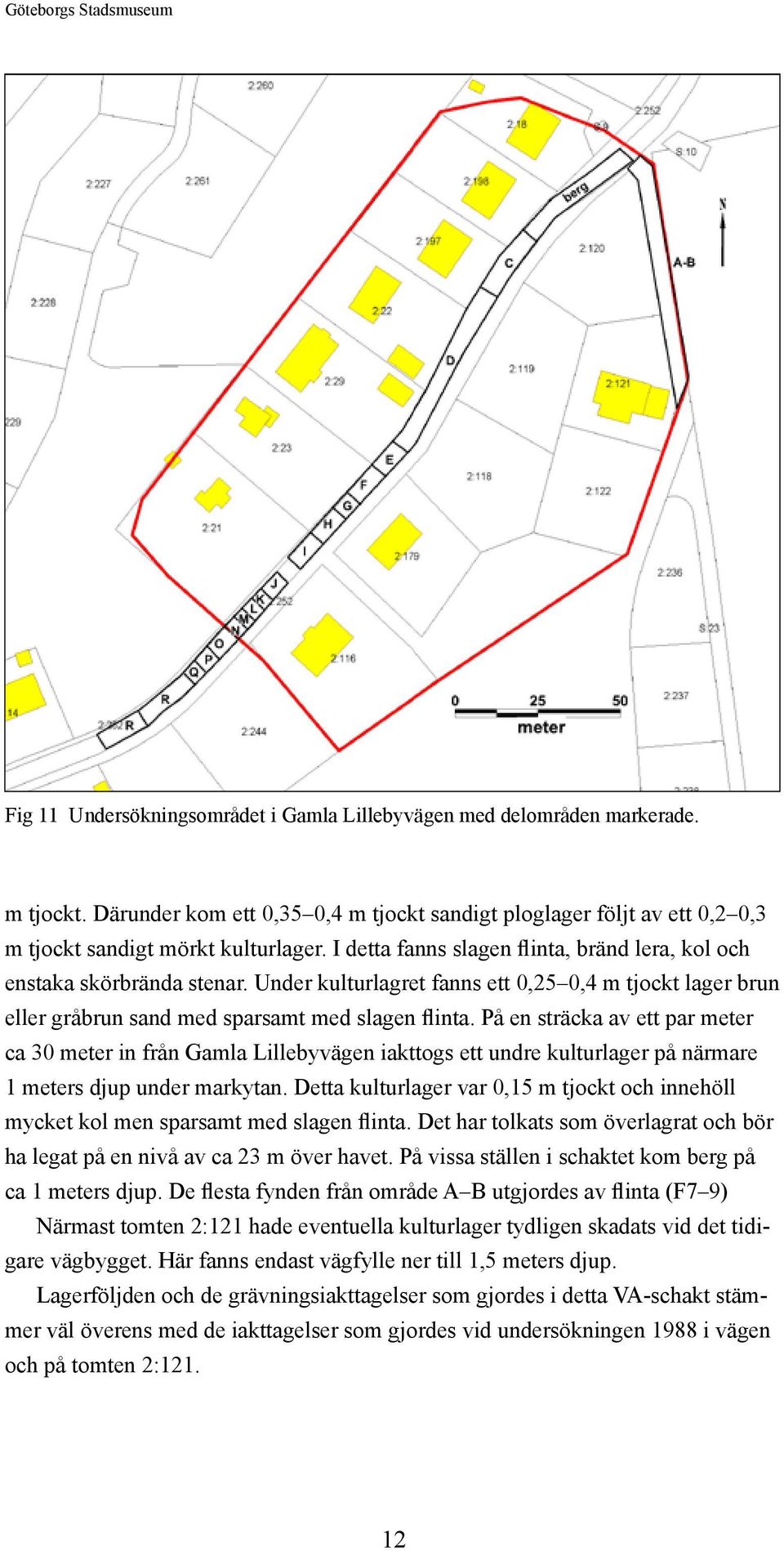 Under kulturlagret fanns ett 0,25 0,4 m tjockt lager brun eller gråbrun sand med sparsamt med slagen flinta.