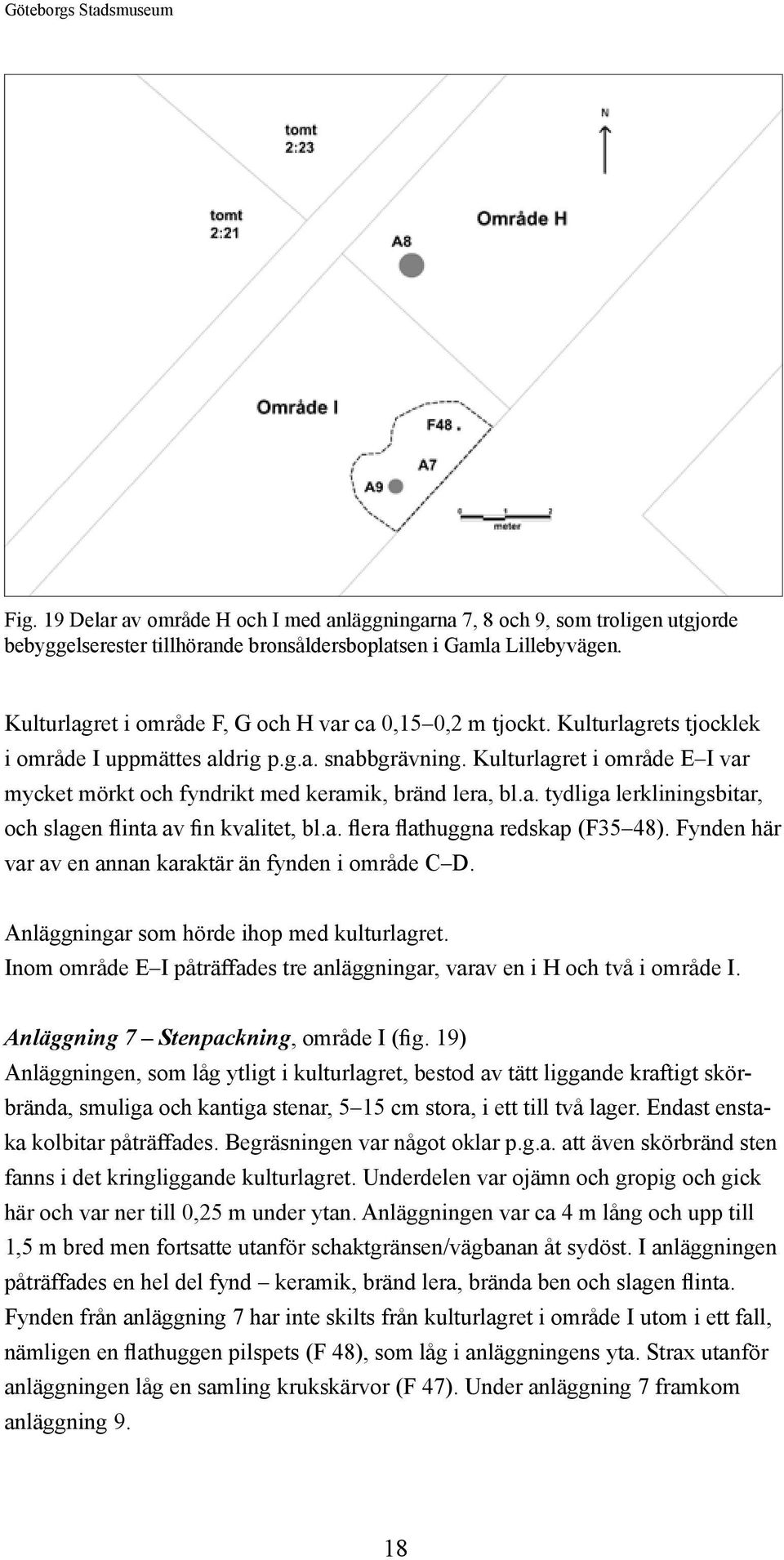 Kulturlagret i område E I var mycket mörkt och fyndrikt med keramik, bränd lera, bl.a. tydliga lerkliningsbitar, och slagen flinta av fin kvalitet, bl.a. flera flathuggna redskap (F35 48).