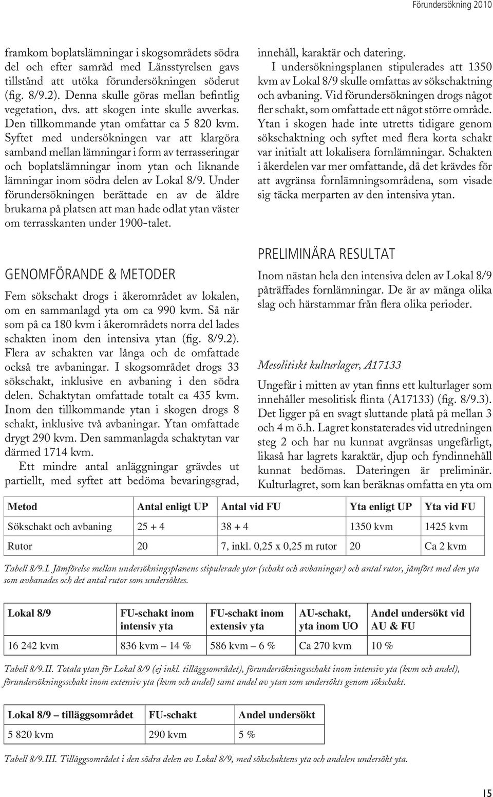 Syftet med undersökningen var att klargöra samband mellan lämningar i form av terrasseringar och boplatslämningar inom ytan och liknande lämningar inom södra delen av Lokal 8/9.