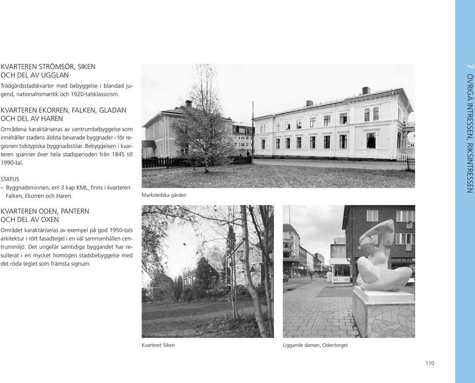 Bebyggelsen i kvarteren spänner över hela stadsperioden från 1845 till 1990-tal. Byggnadsminnen, enl 3 kap KML, finns i kvarteren Falken, Ekorren och Haren.