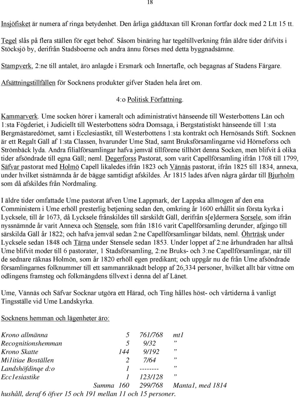 Stampverk, 2:ne till antalet, äro anlagde i Ersmark och Innertafle, och begagnas af Stadens Färgare. Afsättningstillfällen för Socknens produkter gifver Staden hela året om. 4:o Politisk Författning.