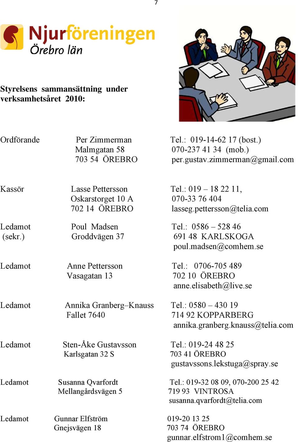 ) Groddvägen 37 691 48 KARLSKOGA poul.madsen@comhem.se Ledamot Anne Pettersson Tel.: 0706-705 489 Vasagatan 13 702 10 ÖREBRO anne.elisabeth@live.se Ledamot Annika Granberg Knauss Tel.