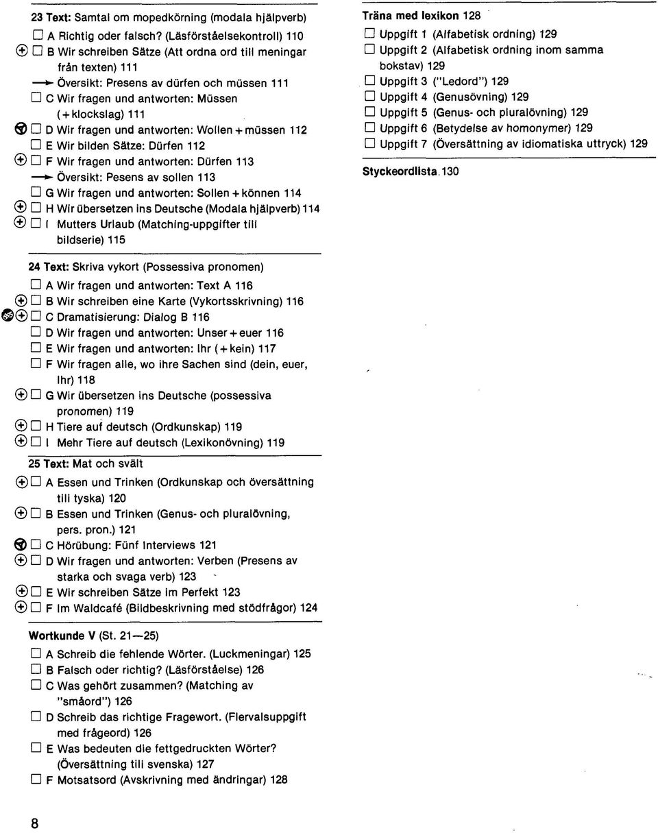 fragen und antworten: Wollen + müssen 112 E Wir bilden Sätze: Dürfen 112 F Wir fragen und antworten: Dürfen 113 Översikt: Pesens av sollen 113 G Wir fragen und antworten: Sollen + können 114 H Wir