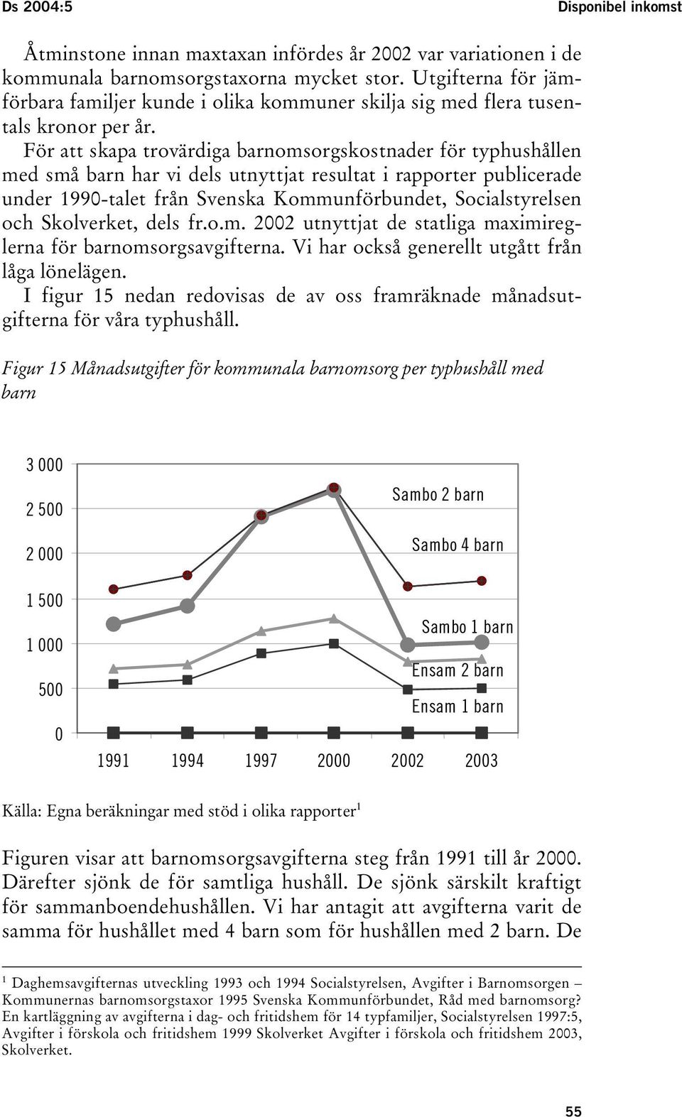 För att skapa trovärdiga barnomsorgskostnader för typhushållen med små barn har vi dels utnyttjat resultat i rapporter publicerade under 1990-talet från Svenska Kommunförbundet, Socialstyrelsen och