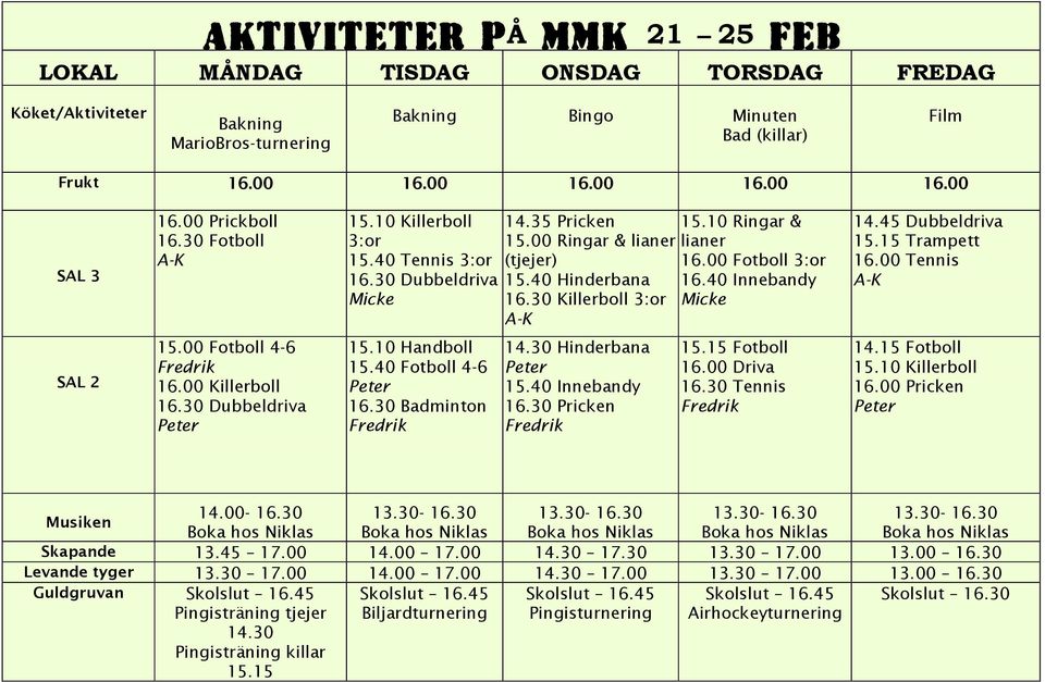 10 Ringar & lianer 16.00 Fotboll 3:or 16.40 Innebandy Micke 14.45 Dubbeldriva 15.15 Trampett 16.00 Tennis A-K SAL 2 15.00 Fotboll 4-6 16.00 Killerboll 16.30 Dubbeldriva 15.10 Handboll 15.