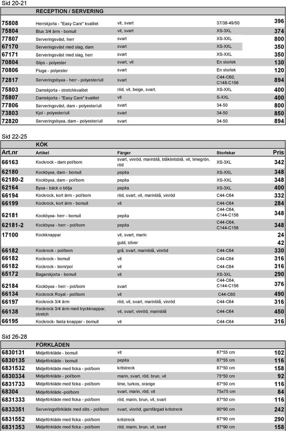 Serveringsbyxa - herr - polyester/ull svart C44-C60, C148-C156 894 75803 Damskjorta - stretchkvalitet röd, vit, beige, svart.