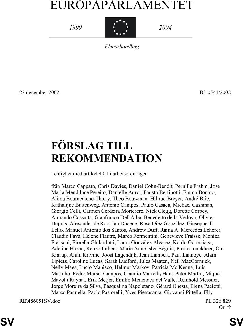 Bouwman, Hiltrud Breyer, André Brie, Kathalijne Buitenweg, António Campos, Paulo Casaca, Michael Cashman, Giorgio Celli, Carmen Cerdeira Morterero, Nick Clegg, Dorette Corbey, Armando Cossutta,
