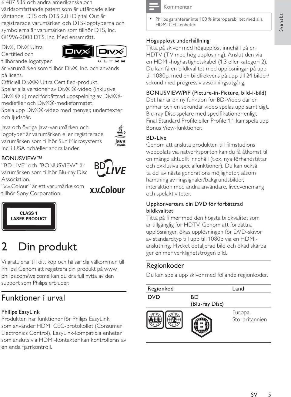 DivX, DivX Ultra Certified och tillhörande logotyper är varumärken som tillhör DivX, Inc. och används på licens. Officiell DivX Ultra Certified-produkt.