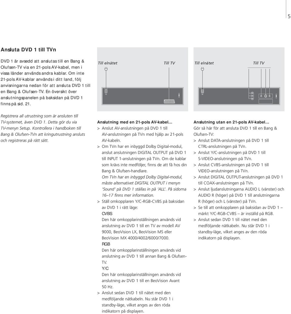 Detta gör du via TV-menyn Setup. Kontrollera i handboken till Bang & Olufsen-TVn att kringutrustning ansluts och registreras på rätt sätt.