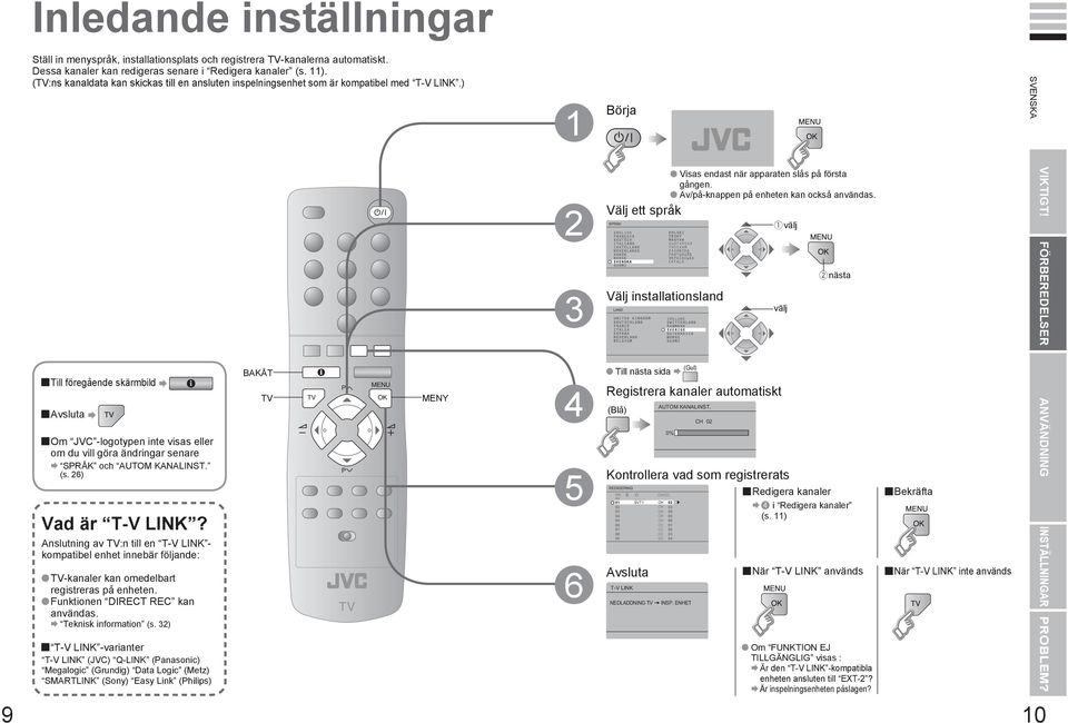 ) Börja 9 Till föregående skärmbild Avsluta Om JVC -logotypen inte visas eller om du vill göra ändringar senare SRÅK och AUTOM KANALINST. (s. 6) Vad är T-V LINK?