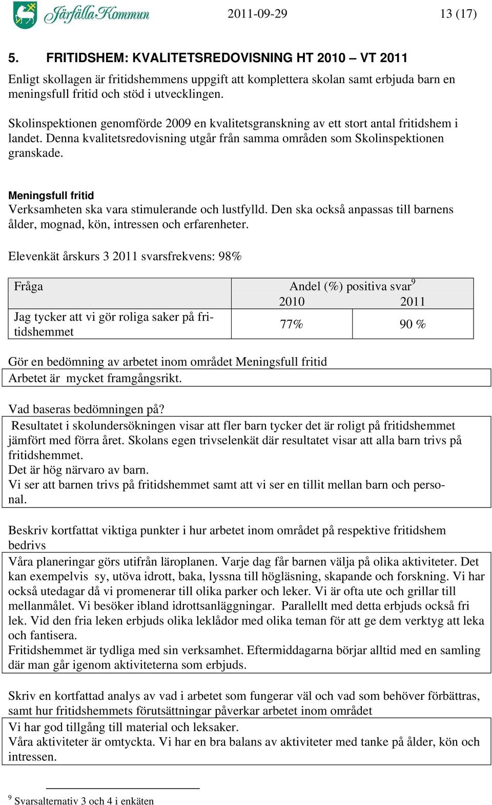 Skolinspektionen genomförde 2009 en kvalitetsgranskning av ett stort antal fritidshem i landet. Denna kvalitetsredovisning utgår från samma områden som Skolinspektionen granskade.