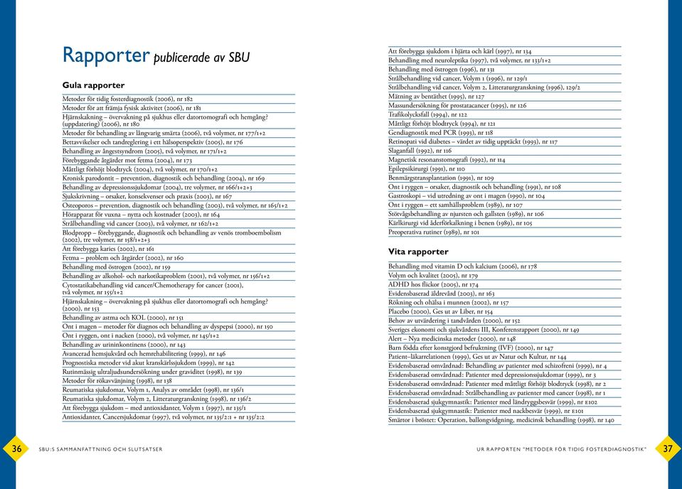 (uppdatering) (2006), nr 180 Metoder för behandling av långvarig smärta (2006), två volymer, nr 177/1+2 Bettavvikelser och tandreglering i ett hälsoperspektiv (2005), nr 176 Behandling av