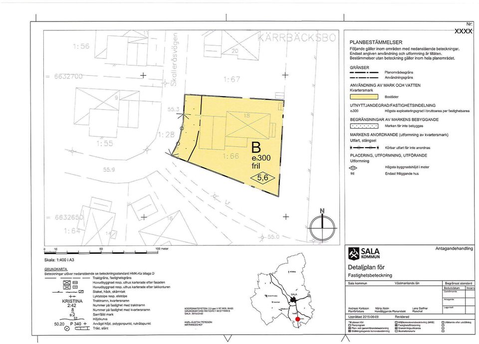 GRÄNSER - -- -- Planområdesgräns ------- Användningsgräns ANVÄNDNING AV MARK OCH VATIEN Kvartersmark Bostäder UTNYTI JANDEGRAD/FASTIGHETSINDELNING e,300 Högsta exploateringsgrad i bruttoarea per