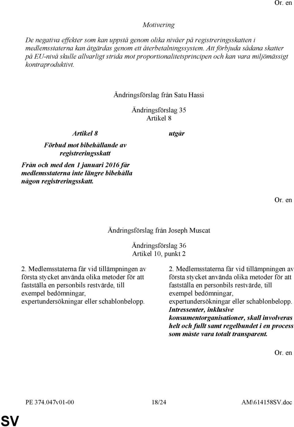 Ändringsförslag 35 Artikel 8 Artikel 8 Förbud mot bibehållande av registreringsskatt Från och med den 1 januari 2016 får medlemsstaterna inte längre bibehålla någon registreringsskatt.