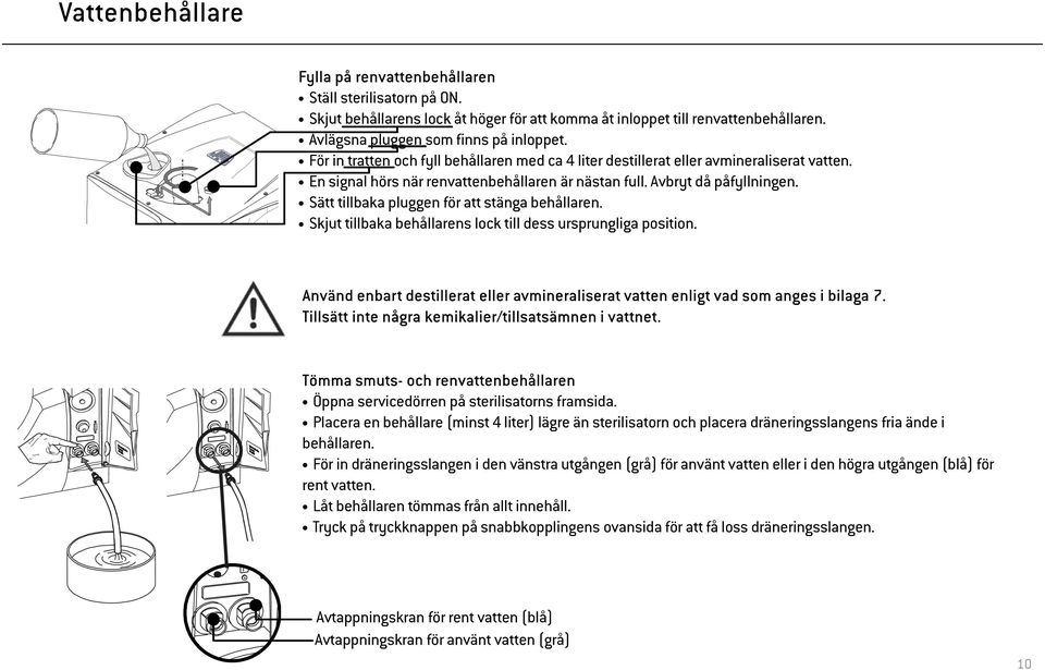 Sätt tillbaka pluggen för att stänga behållaren. Skjut tillbaka behållarens lock till dess ursprungliga position.