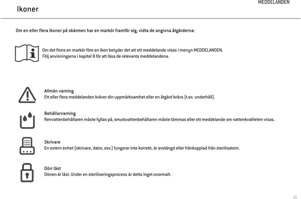 Allmän varning Ett eller flera meddelanden kräver din uppmärksamhet eller en åtgärd krävs (t.ex. underhåll).