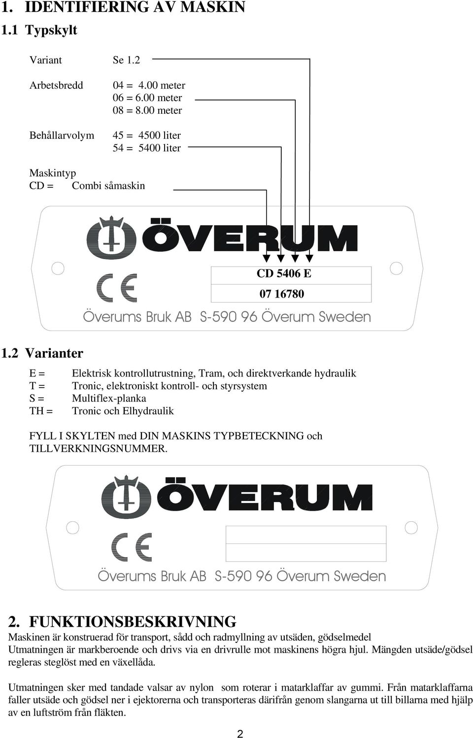 Multiflex-planka Tronic och Elhydraulik FYLL I SKYLTEN med DIN MASKINS TYPBETECKNING och TILLVERKNINGSNUMMER. Överums Bruk AB S-590 96 Överum Sweden 2.