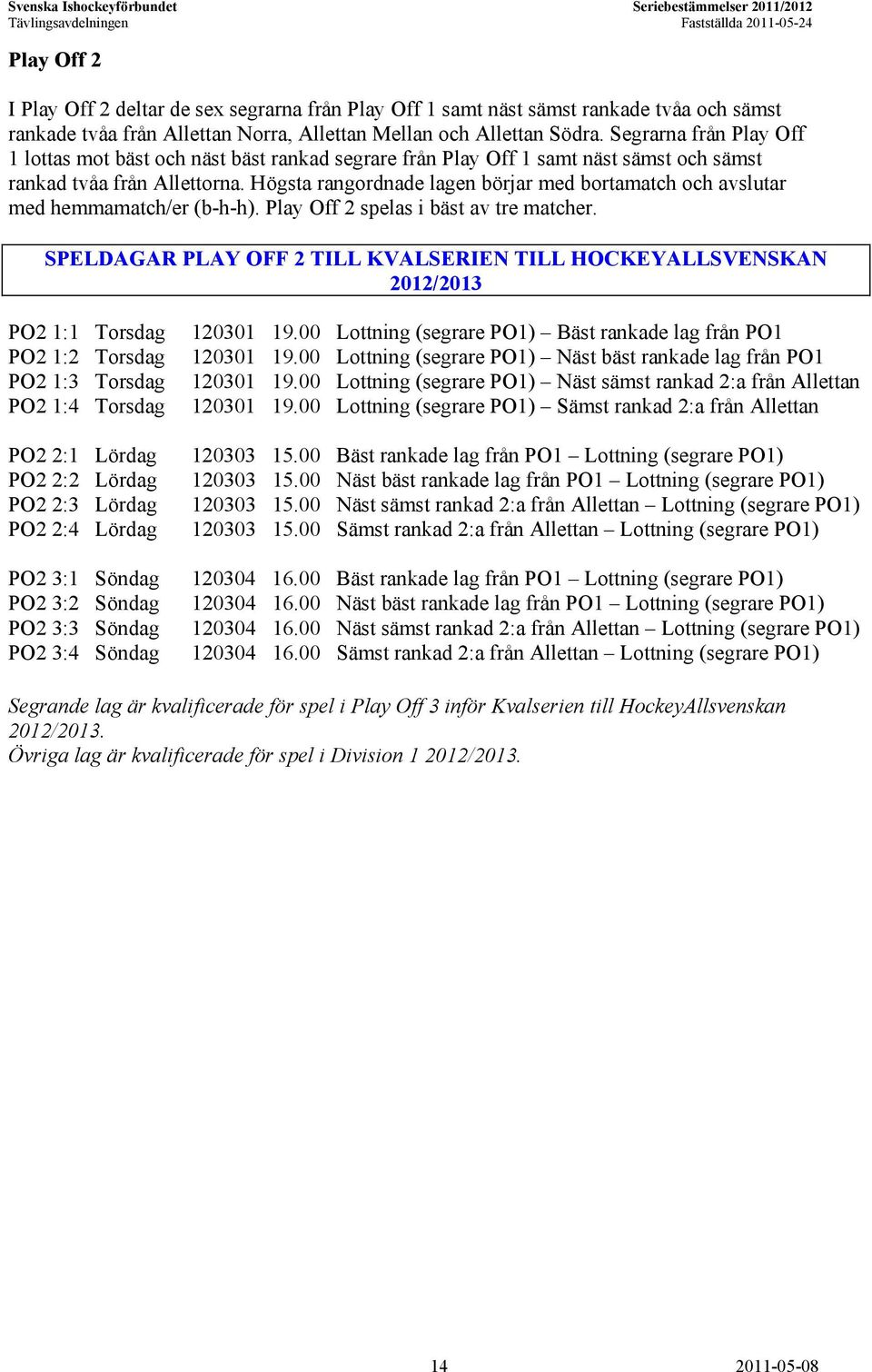 Högsta rangordnade lagen börjar med bortamatch och avslutar med hemmamatch/er (b-h-h). Play Off 2 spelas i bäst av tre matcher.