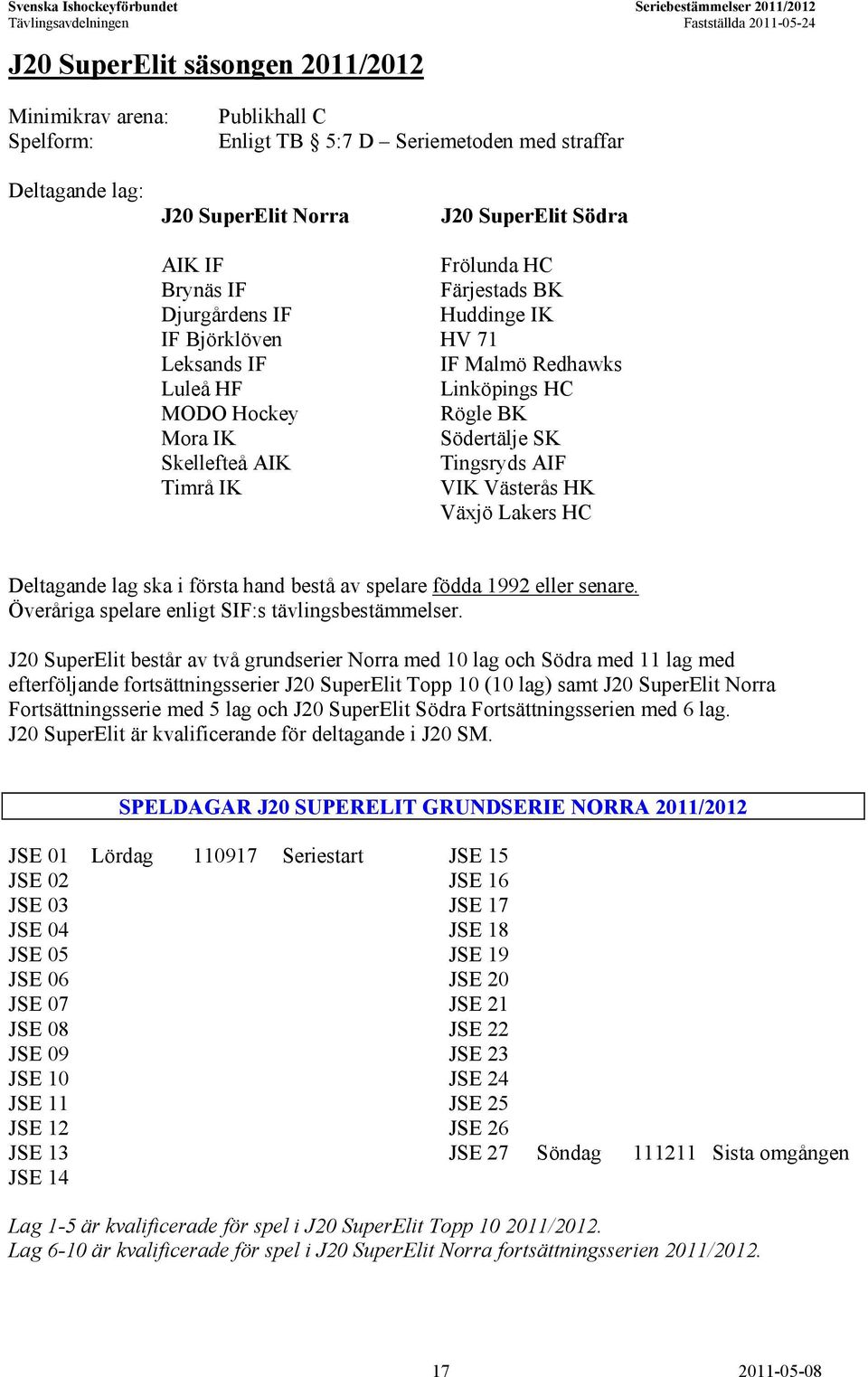 VIK Västerås HK Växjö Lakers HC Deltagande lag ska i första hand bestå av spelare födda 1992 eller senare. Överåriga spelare enligt SIF:s tävlingsbestämmelser.