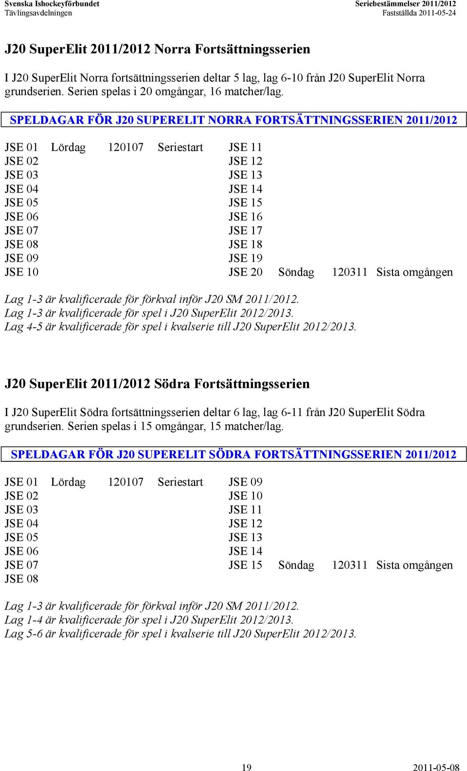 18 JSE 09 JSE 19 JSE 10 JSE 20 Söndag 120311 Sista omgången Lag 1-3 är kvalificerade för förkval inför J20 SM 2011/2012. Lag 1-3 är kvalificerade för spel i J20 SuperElit 2012/2013.