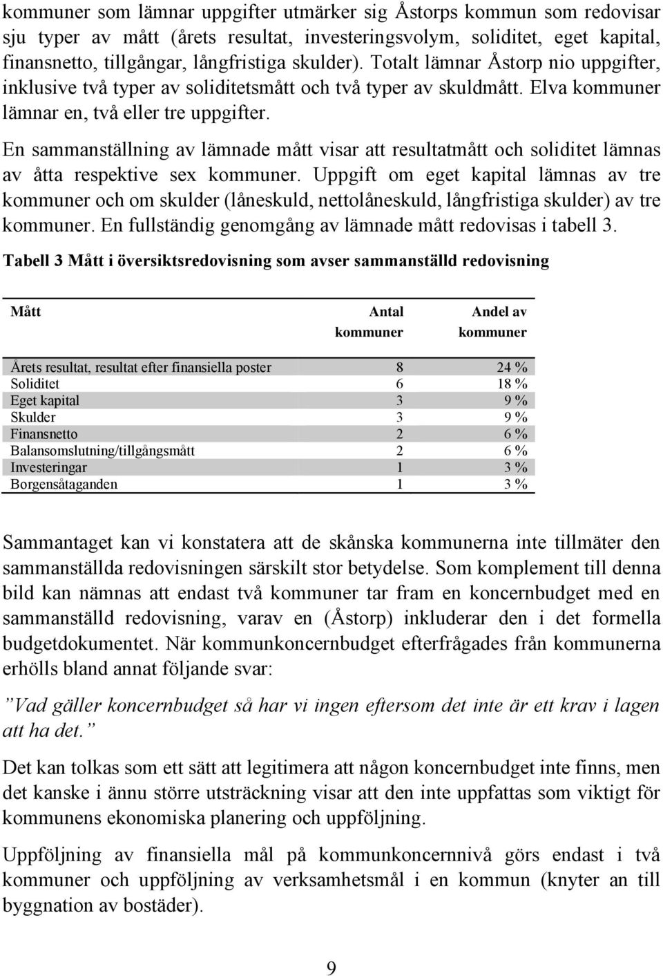 En sammanställning av lämnade mått visar att resultatmått och soliditet lämnas av åtta respektive sex kommuner.