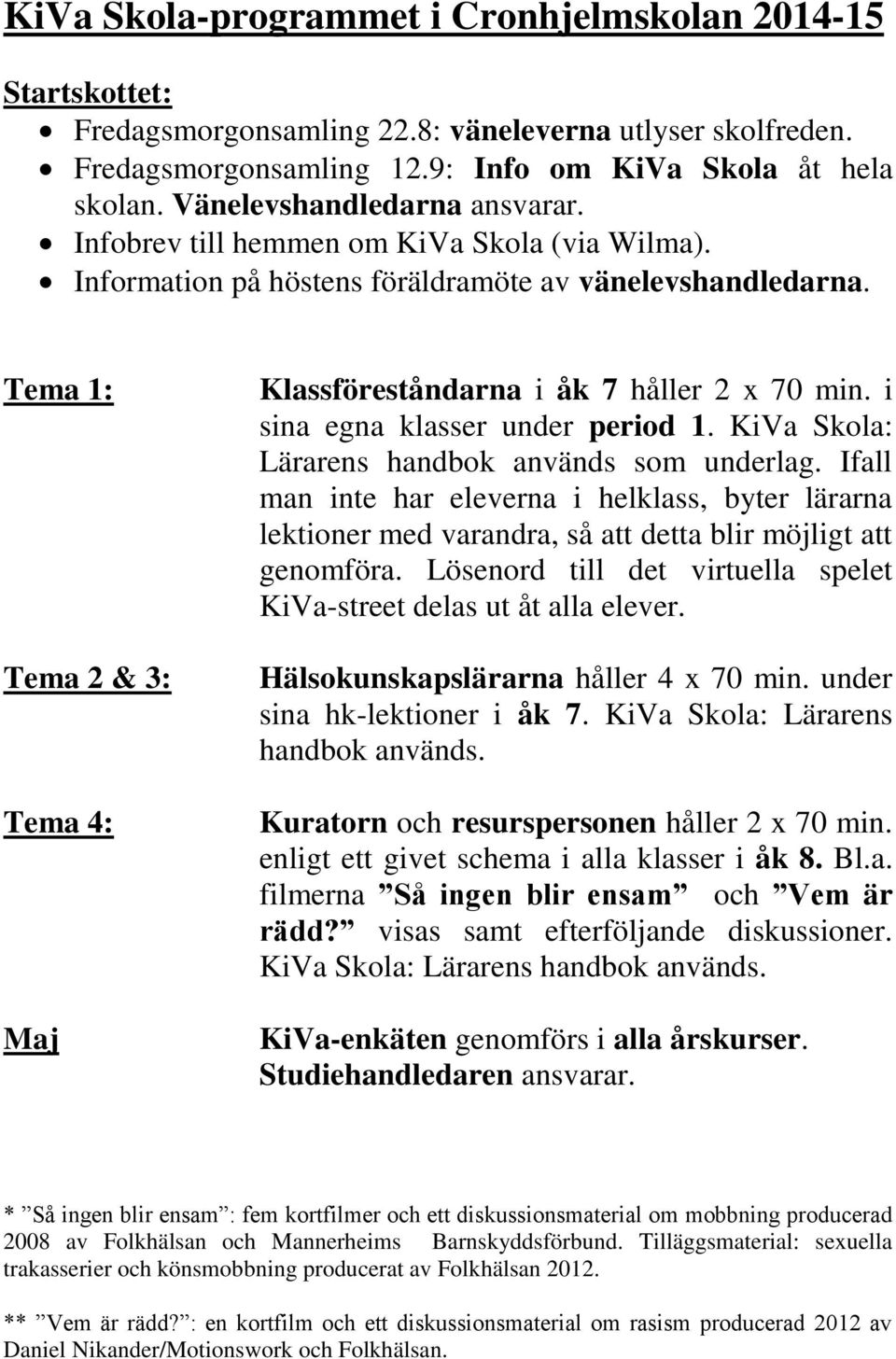 Tema 1: Tema 2 & 3: Tema 4: Maj Klassföreståndarna i åk 7 håller 2 x 70 min. i sina egna klasser under period 1. KiVa Skola: Lärarens handbok används som underlag.