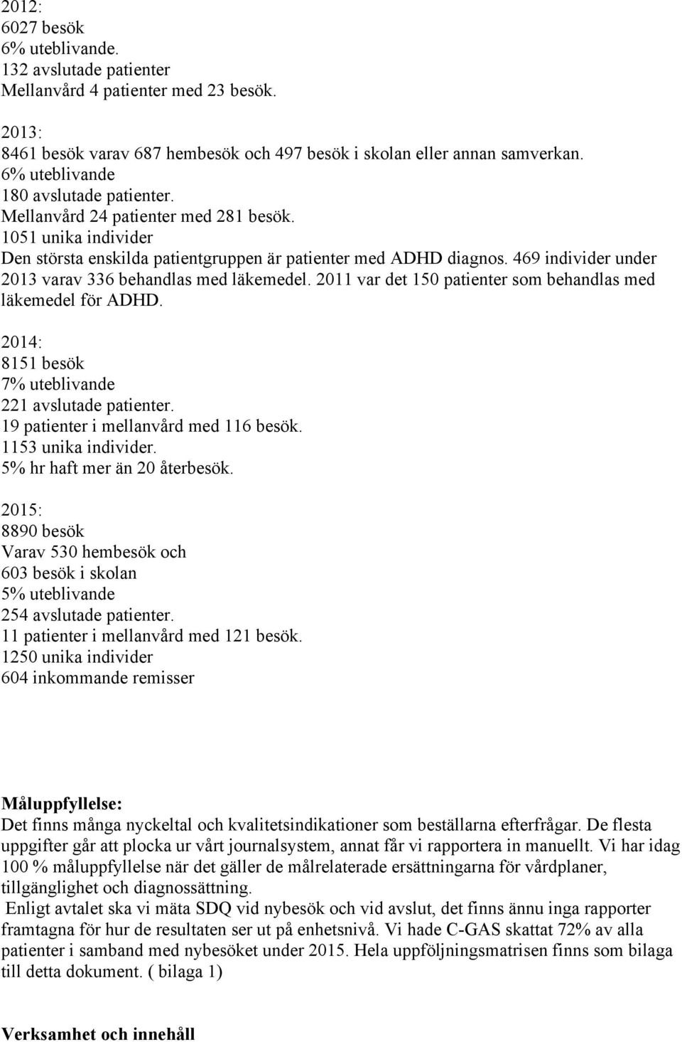 469 individer under 2013 varav 336 behandlas med läkemedel. 2011 var det 150 patienter som behandlas med läkemedel för ADHD. 2014: 8151 besök 7% uteblivande 221 avslutade patienter.