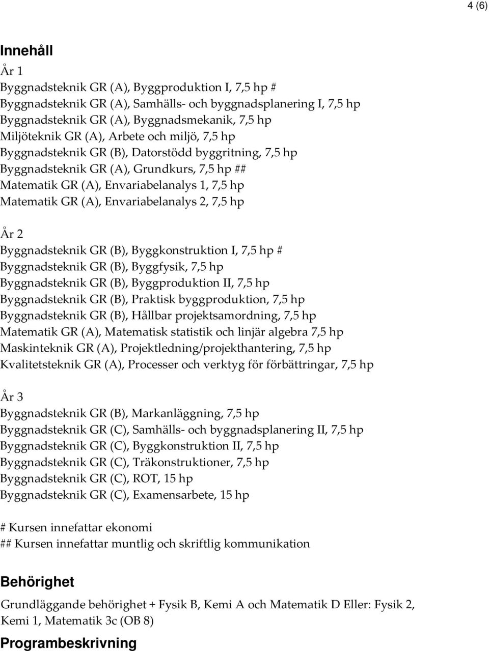 Envariabelanalys 2, 7,5 hp År 2 Byggnadsteknik GR (B), Byggkonstruktion I, 7,5 hp # Byggnadsteknik GR (B), Byggfysik, 7,5 hp Byggnadsteknik GR (B), Byggproduktion II, 7,5 hp Byggnadsteknik GR (B),