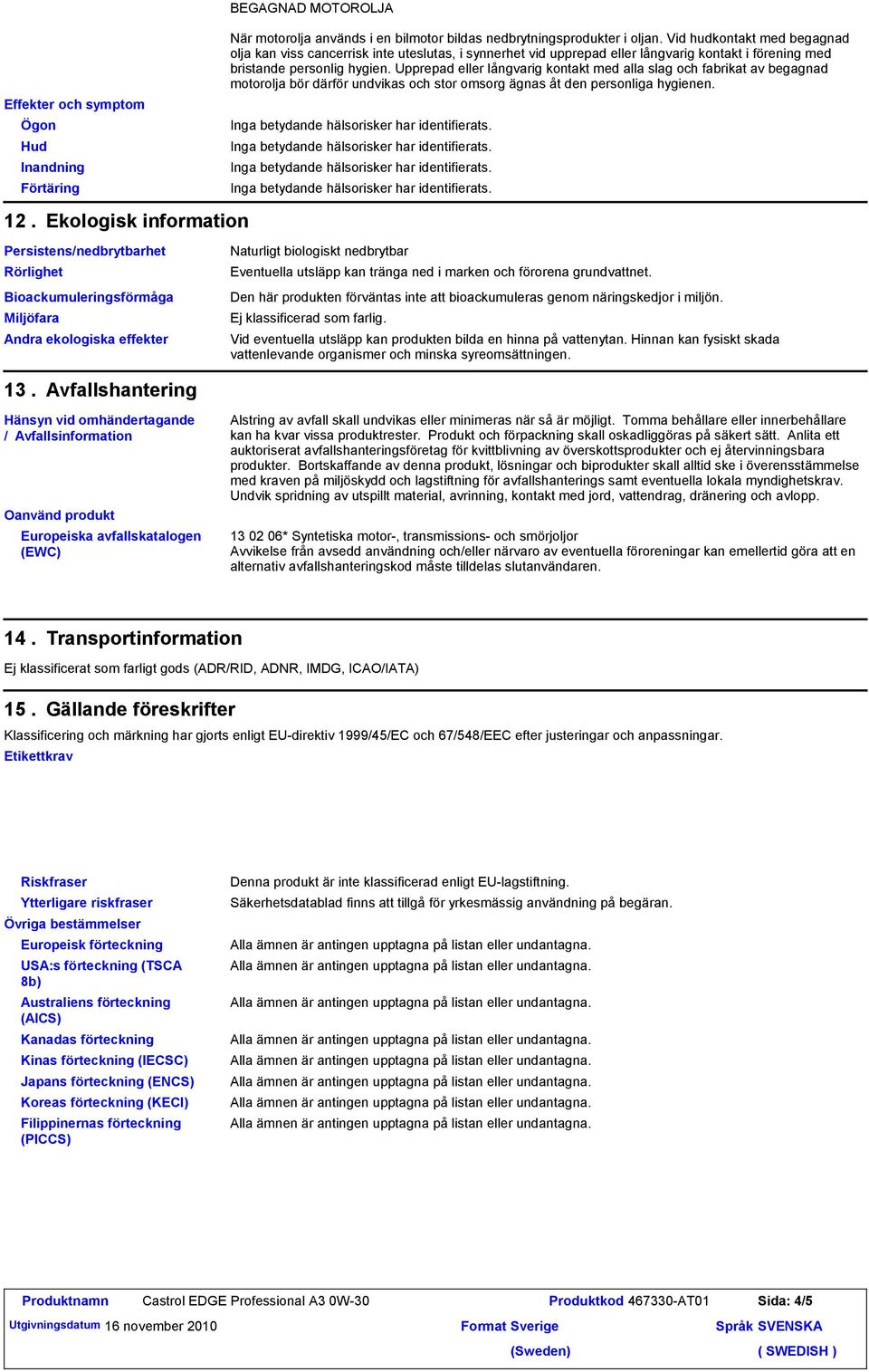Upprepad eller långvarig kontakt med alla slag och fabrikat av begagnad motorolja bör därför undvikas och stor omsorg ägnas åt den personliga hygienen. 12.