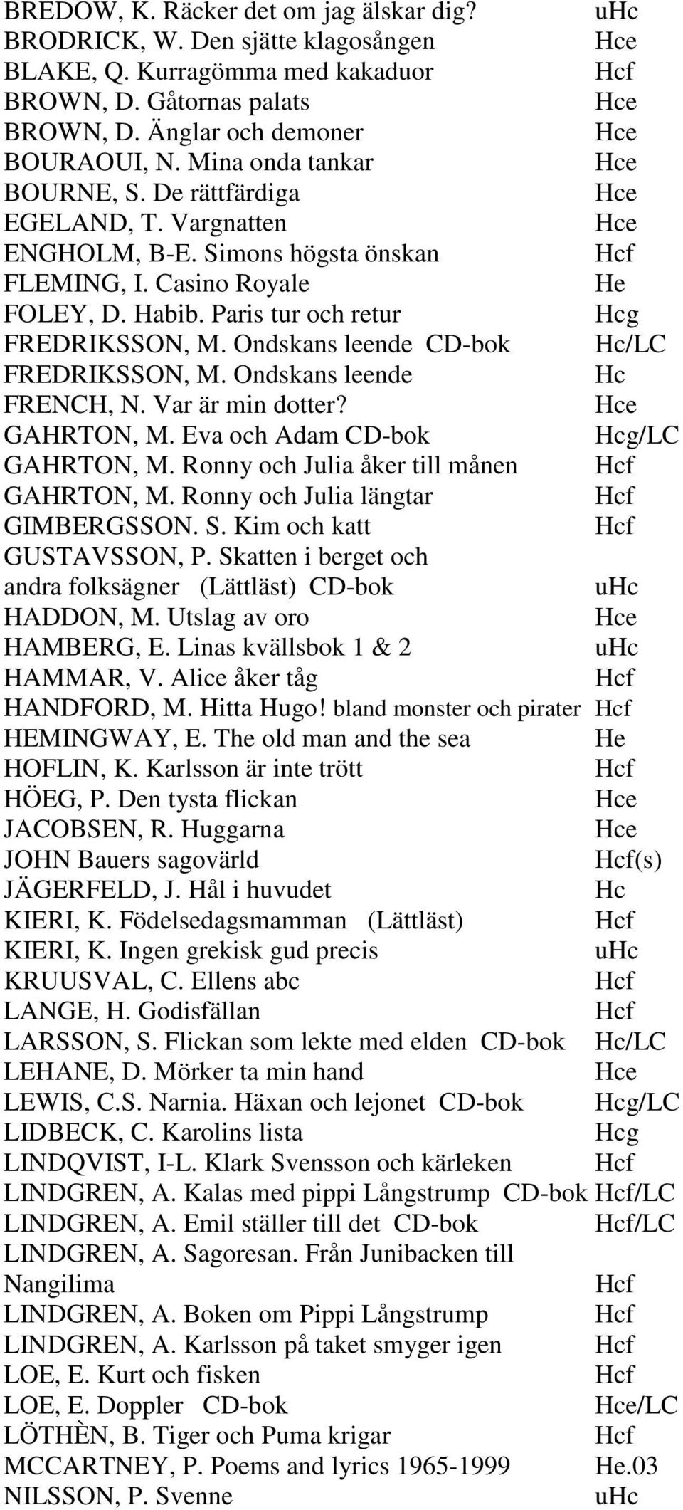 Ondskans leende CD-bok /LC FREDRIKSSON, M. Ondskans leende FRENCH, N. Var är min dotter? GAHRTON, M. Eva och Adam CD-bok g/lc GAHRTON, M. Ronny och Julia åker till månen GAHRTON, M.