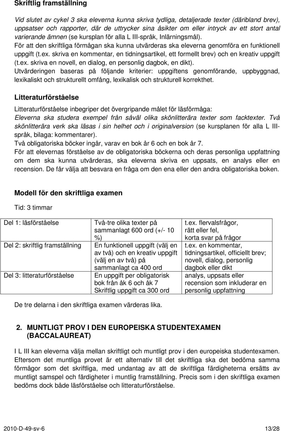 skriva en kommentar, en tidningsartikel, ett formellt brev) och en kreativ uppgift (t.ex. skriva en novell, en dialog, en personlig dagbok, en dikt).