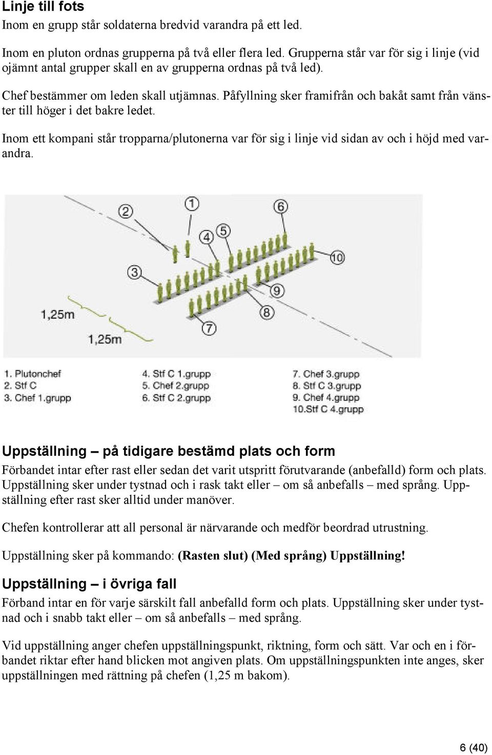 Påfyllning sker framifrån och bakåt samt från vänster till höger i det bakre ledet. Inom ett kompani står tropparna/plutonerna var för sig i linje vid sidan av och i höjd med varandra.