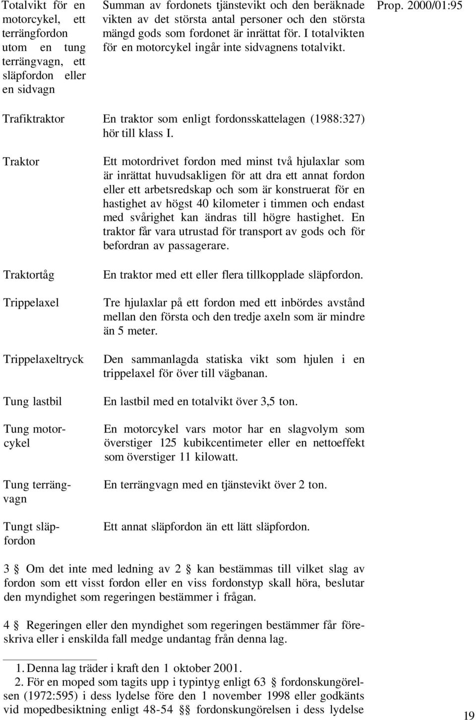 I totalvikten för en motorcykel ingår inte sidvagnens totalvikt. En traktor som enligt fordonsskattelagen (1988:327) hör till klass I.